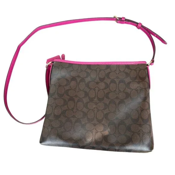Coach Signature Crossbody File Bag Brown Black Cranberry Pink Leather Trim Gold